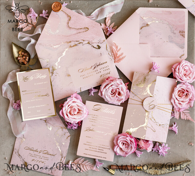 Personalised  Marble Wedding invitations, Luxury  Gold Foil Wedding Invitation set, Blush Pink Marble Glamour Wedding Invitation Suite, Luxury  Wedding Cards blush Pink Marble-8