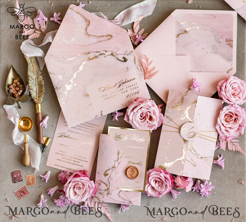 Personalised Luxury Gold Foil Wedding Invitation Set with Blush Pink Marble Glamour - A Stunning Wedding Invitation Suite in Blush Pink Marble-4