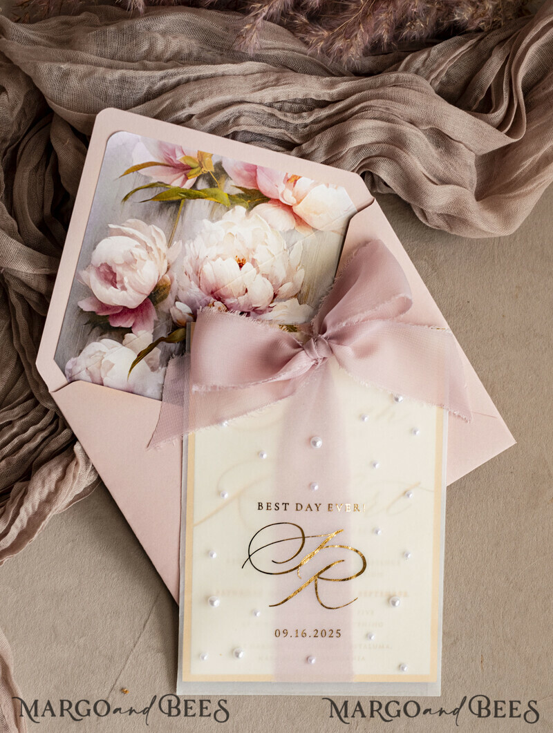 Blush Pink Chiffon bow beaded bespoke Elegant Peony Rose Gold Wedding Invitation Suite, White Perls Golden Wedding Cards-0