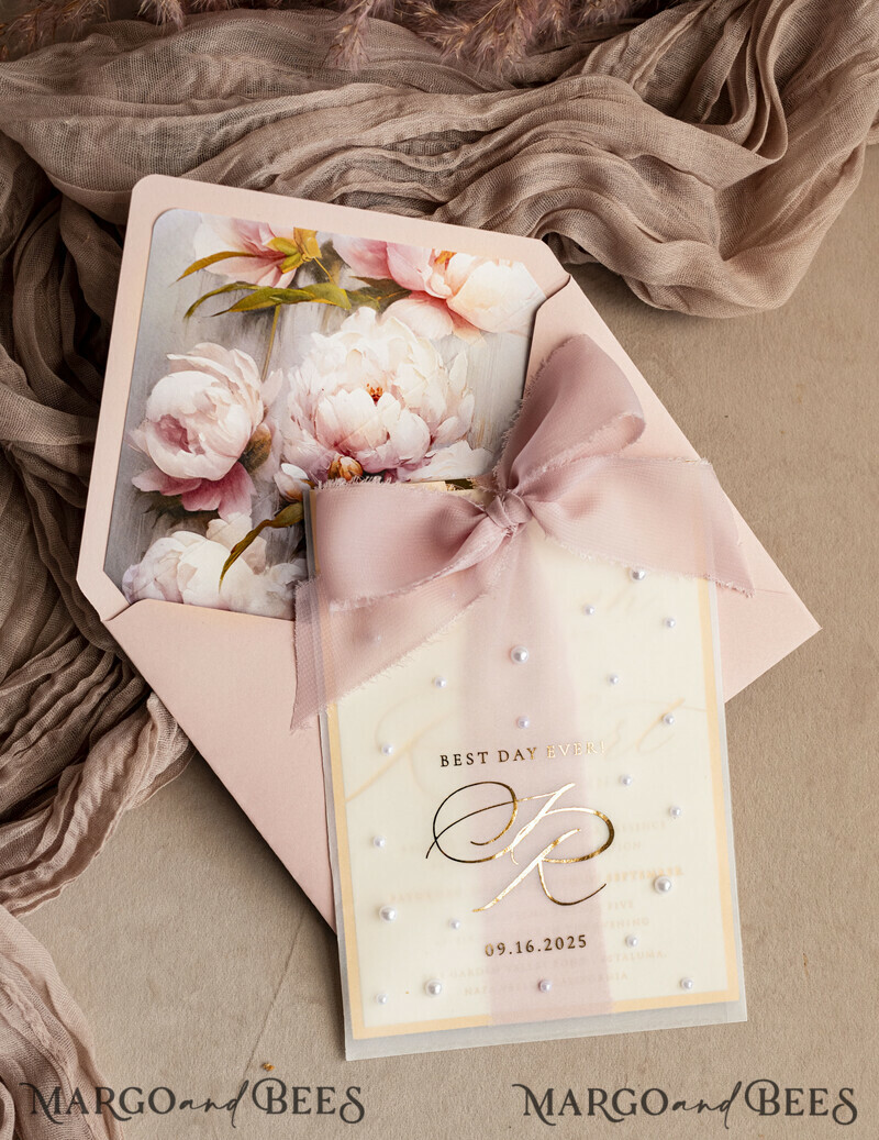 Blush Pink Chiffon bow beaded bespoke Elegant Peony Rose Gold Wedding Invitation Suite, White Perls Golden Wedding Cards-1