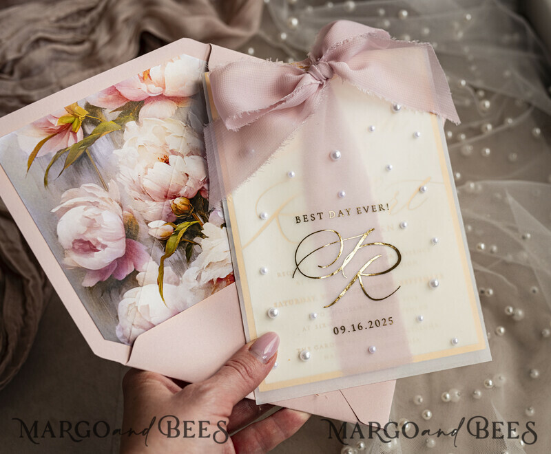 Blush Pink Chiffon bow beaded bespoke Elegant Peony Rose Gold Wedding Invitation Suite, White Perls Golden Wedding Cards-10