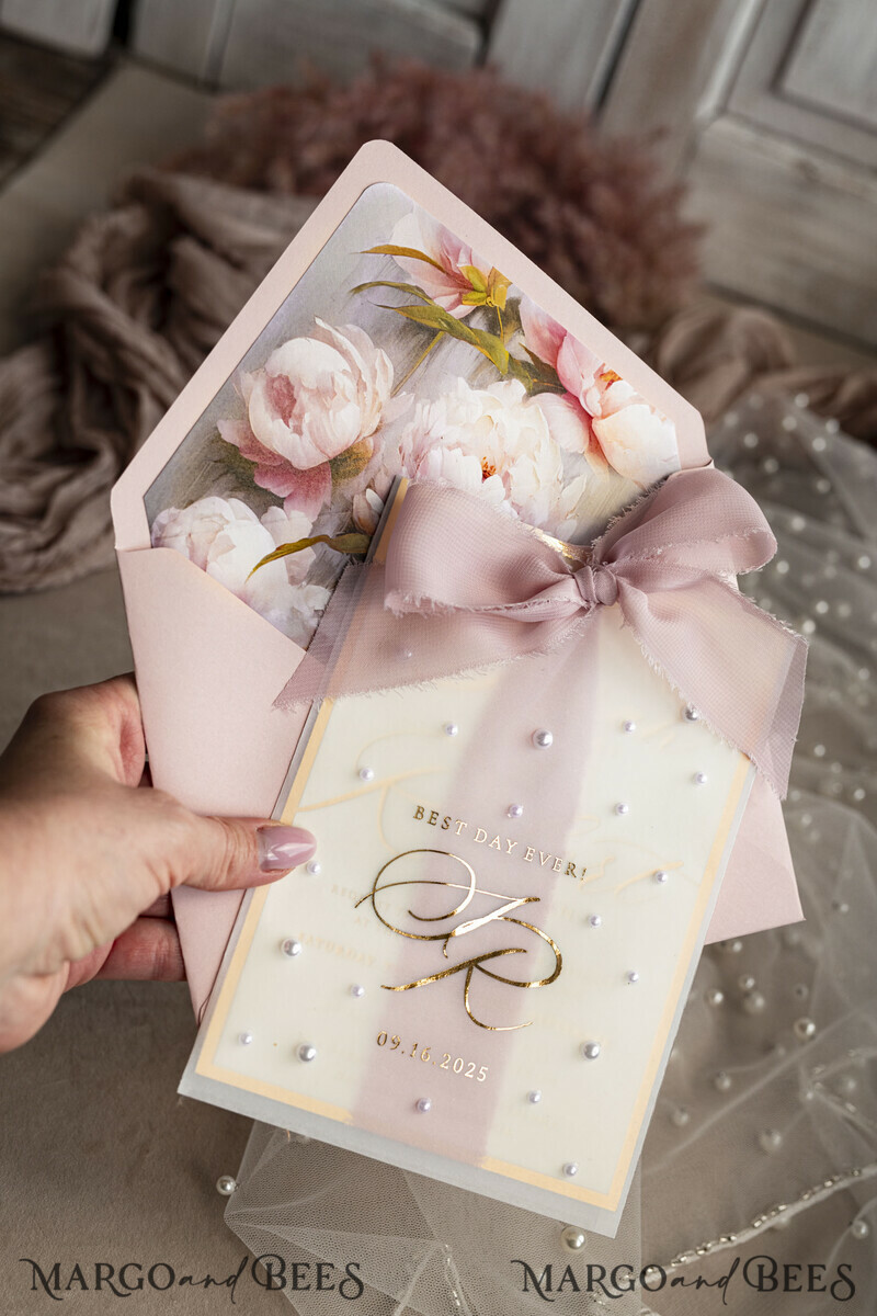Blush Pink Chiffon bow beaded bespoke Elegant Peony Rose Gold Wedding Invitation Suite, White Perls Golden Wedding Cards-11