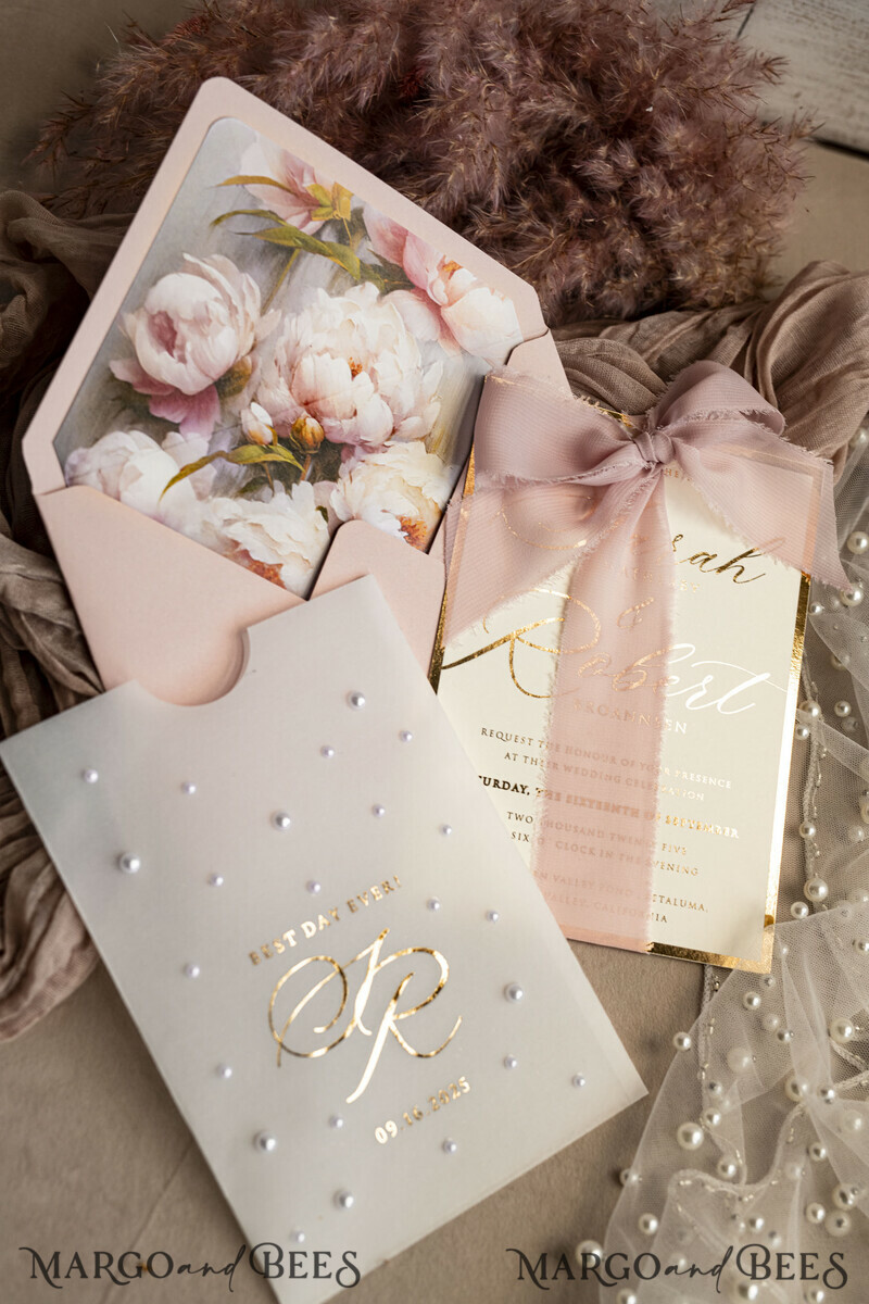 Blush Pink Chiffon bow beaded bespoke Elegant Peony Rose Gold Wedding Invitation Suite, White Perls Golden Wedding Cards-12