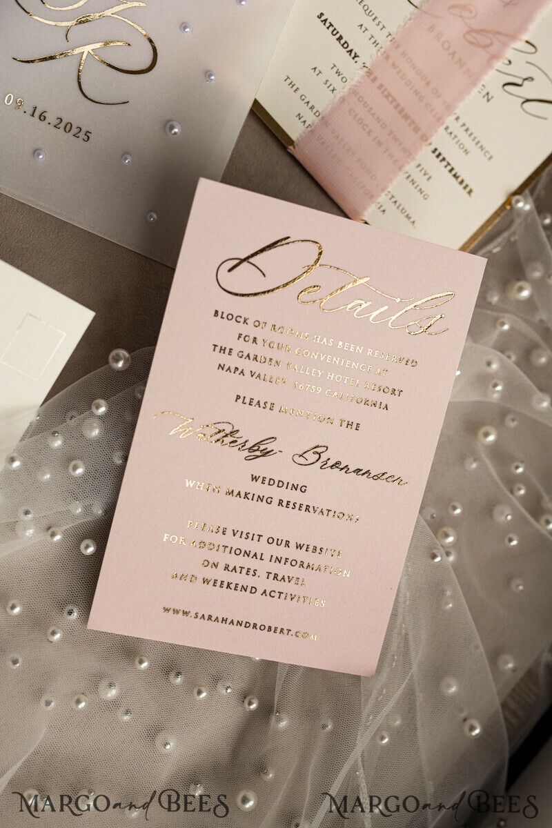 Blush Pink Chiffon bow beaded bespoke Elegant Peony Rose Gold Wedding Invitation Suite, White Perls Golden Wedding Cards-13