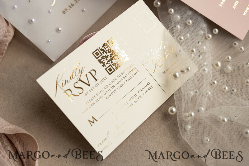 Blush Pink Chiffon bow beaded bespoke Elegant Peony Rose Gold Wedding Invitation Suite, White Perls Golden Wedding Cards-14