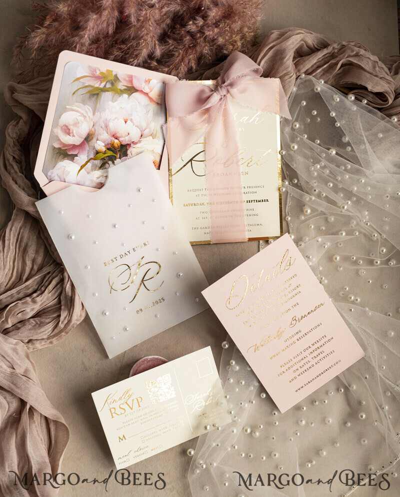 Blush Pink Chiffon bow beaded bespoke Elegant Peony Rose Gold Wedding Invitation Suite, White Perls Golden Wedding Cards-15