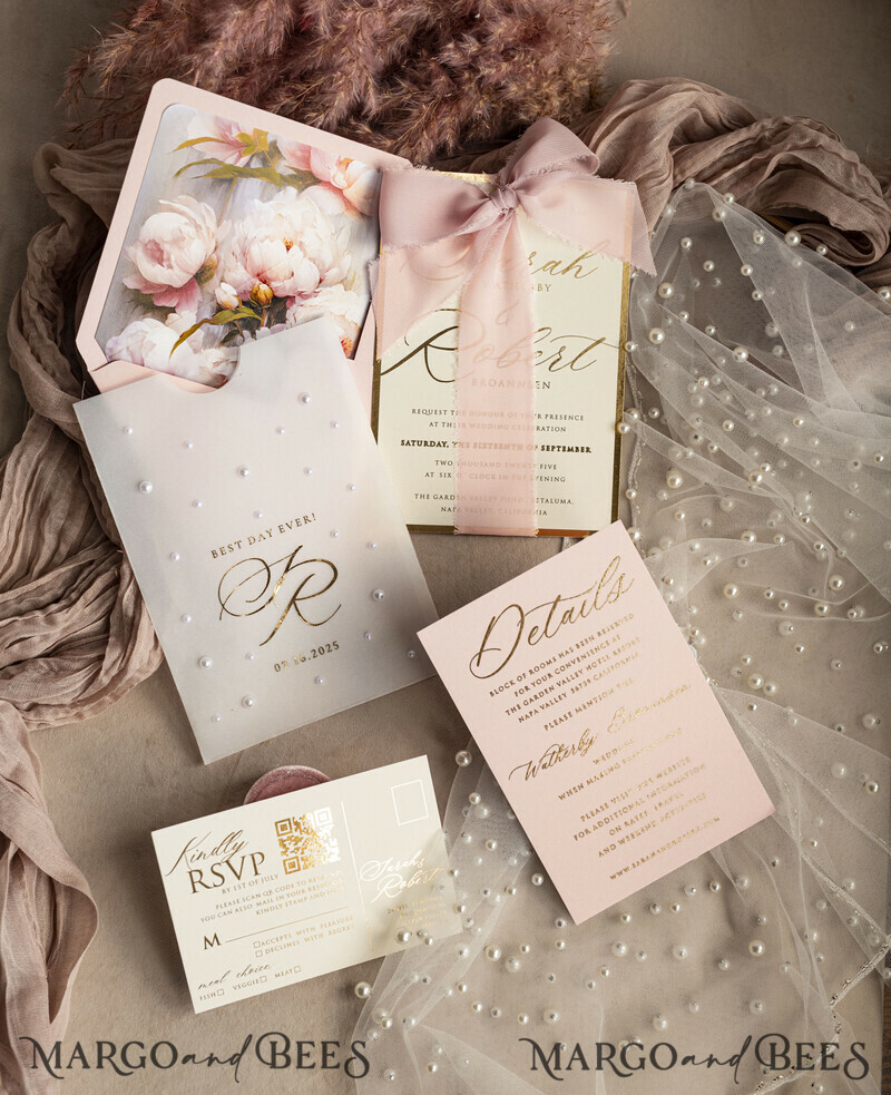 Blush Pink Chiffon bow beaded bespoke Elegant Peony Rose Gold Wedding Invitation Suite, White Perls Golden Wedding Cards-16