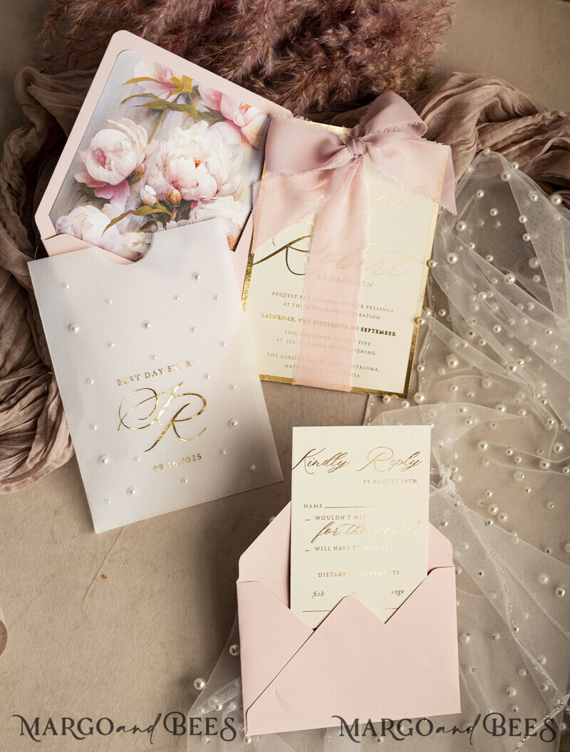 Blush Pink Chiffon bow beaded bespoke Elegant Peony Rose Gold Wedding Invitation Suite, White Perls Golden Wedding Cards-17