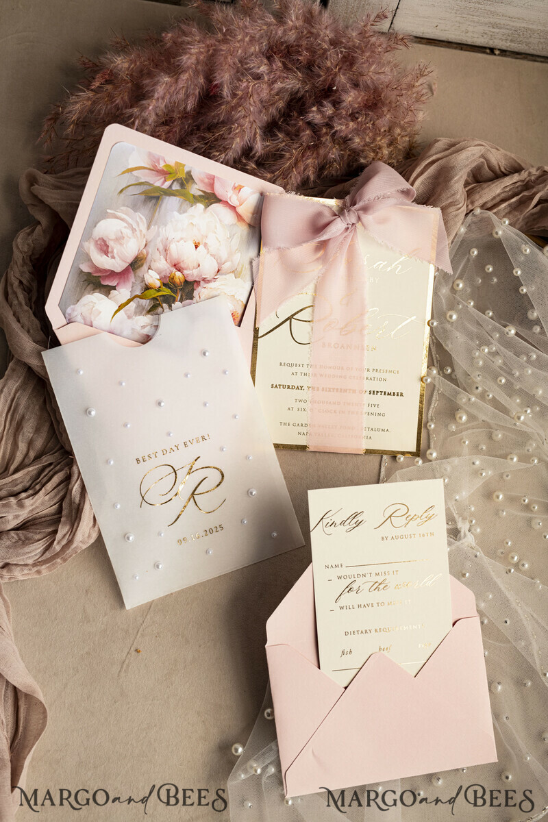Blush Pink Chiffon bow beaded bespoke Elegant Peony Rose Gold Wedding Invitation Suite, White Perls Golden Wedding Cards-18