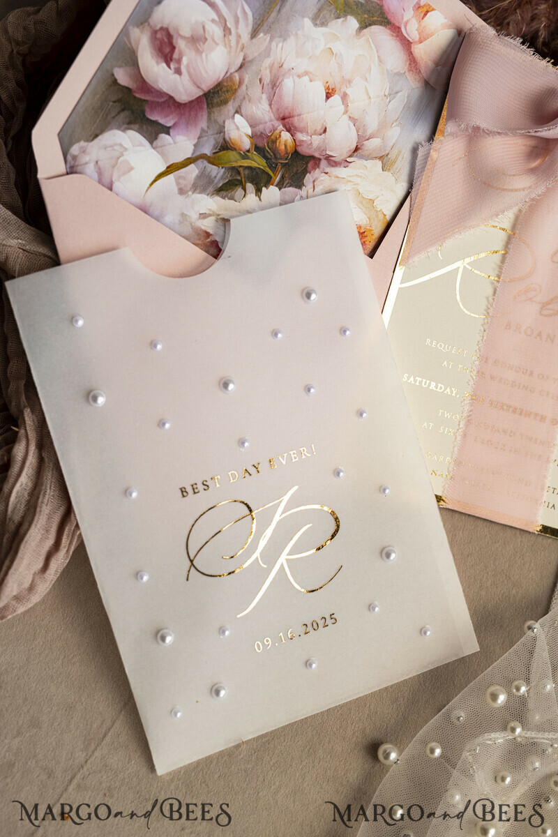 Blush Pink Chiffon bow beaded bespoke Elegant Peony Rose Gold Wedding Invitation Suite, White Perls Golden Wedding Cards-19