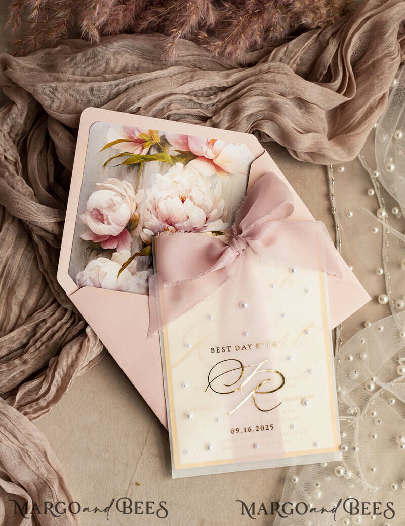Blush Pink Chiffon bow beaded bespoke Elegant Peony Rose Gold Wedding Invitation Suite, White Perls Golden Wedding Cards-2