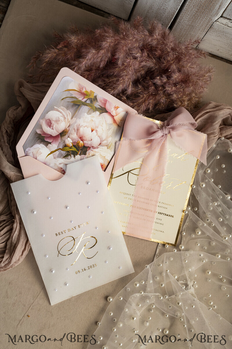 Blush Pink Chiffon bow beaded bespoke Elegant Peony Rose Gold Wedding Invitation Suite, White Perls Golden Wedding Cards-20