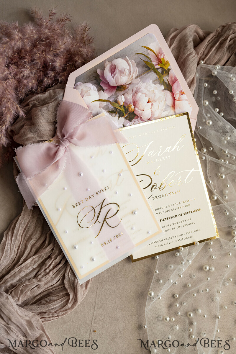 Blush Pink Chiffon bow beaded bespoke Elegant Peony Rose Gold Wedding Invitation Suite, White Perls Golden Wedding Cards-21
