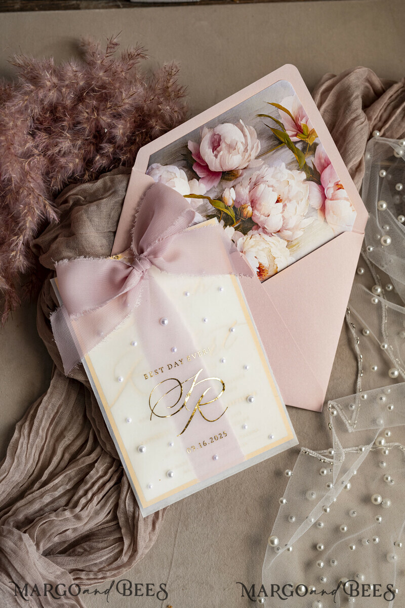 Blush Pink Chiffon bow beaded bespoke Elegant Peony Rose Gold Wedding Invitation Suite, White Perls Golden Wedding Cards-22
