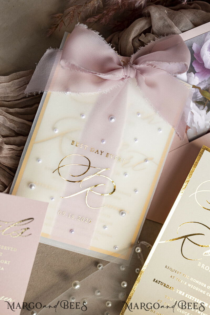 Blush Pink Chiffon bow beaded bespoke Elegant Peony Rose Gold Wedding Invitation Suite, White Perls Golden Wedding Cards-23
