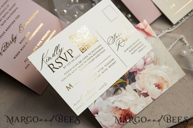 Blush Pink Chiffon bow beaded bespoke Elegant Peony Rose Gold Wedding Invitation Suite, White Perls Golden Wedding Cards-24