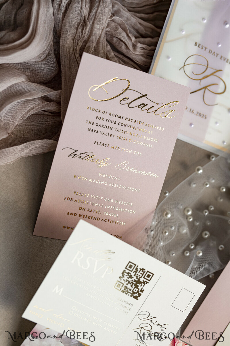 Blush Pink Chiffon bow beaded bespoke Elegant Peony Rose Gold Wedding Invitation Suite, White Perls Golden Wedding Cards-25