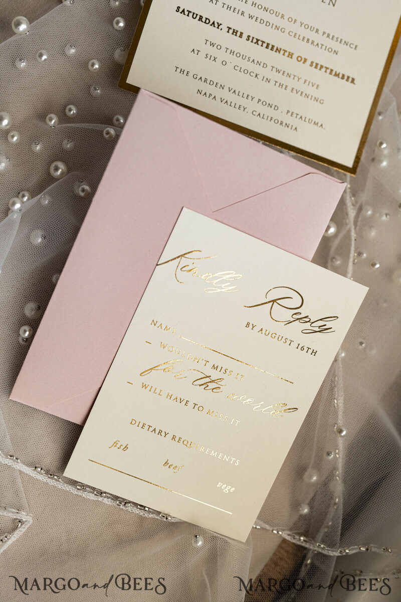 Blush Pink Chiffon bow beaded bespoke Elegant Peony Rose Gold Wedding Invitation Suite, White Perls Golden Wedding Cards-26
