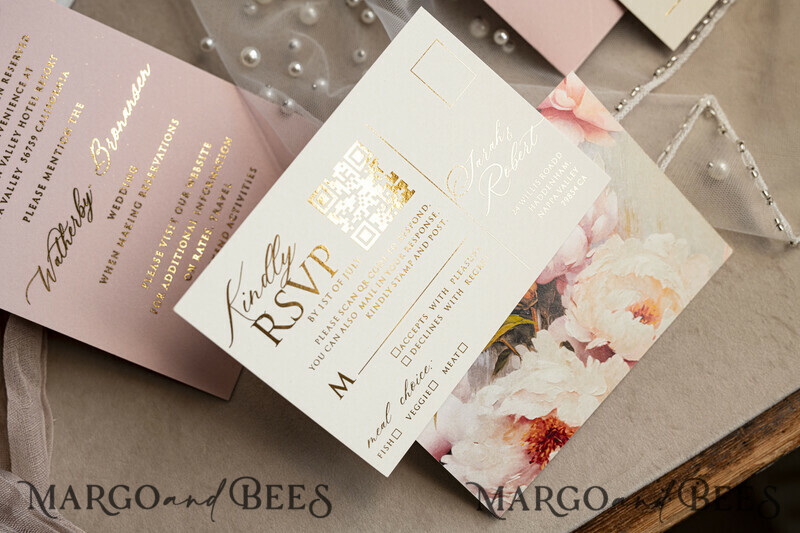 Blush Pink Chiffon bow beaded bespoke Elegant Peony Rose Gold Wedding Invitation Suite, White Perls Golden Wedding Cards-27