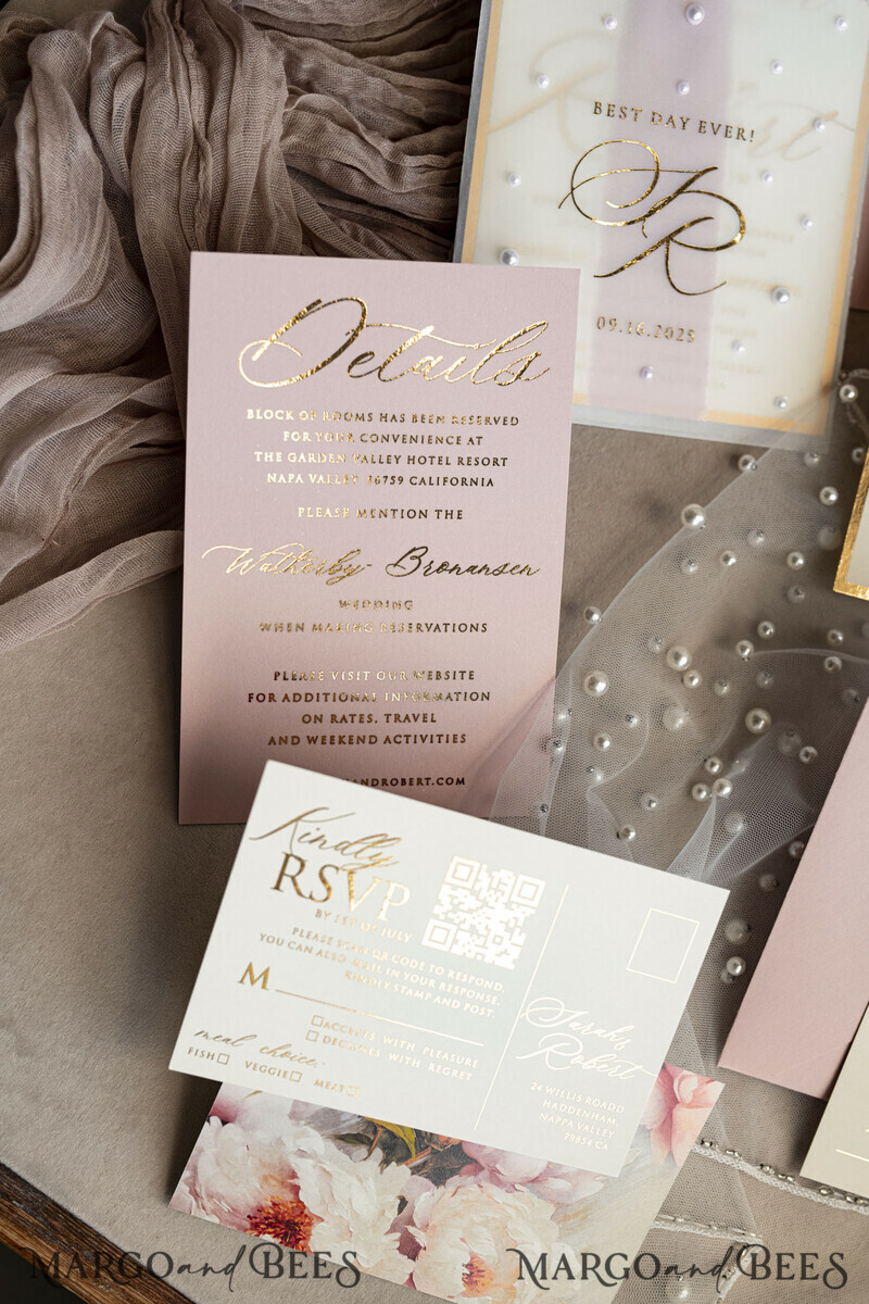 Blush Pink Chiffon bow beaded bespoke Elegant Peony Rose Gold Wedding Invitation Suite, White Perls Golden Wedding Cards-28