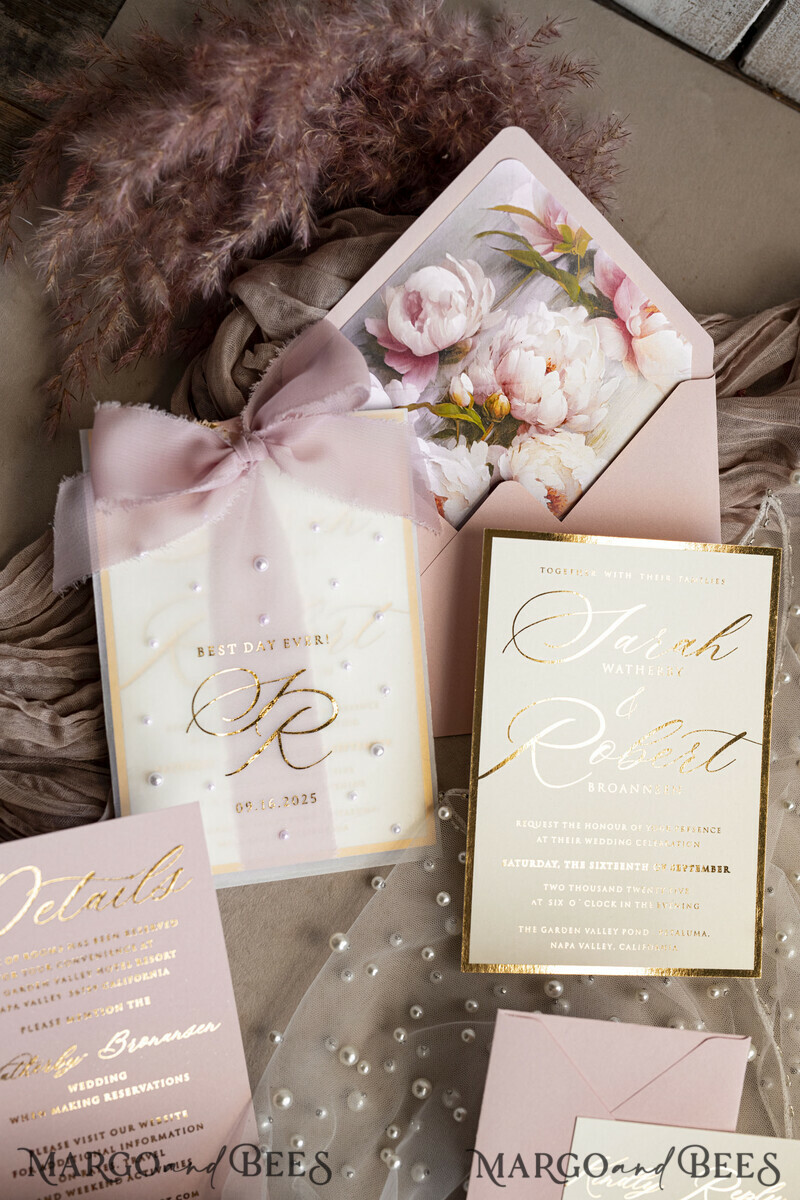 Blush Pink Chiffon bow beaded bespoke Elegant Peony Rose Gold Wedding Invitation Suite, White Perls Golden Wedding Cards-29
