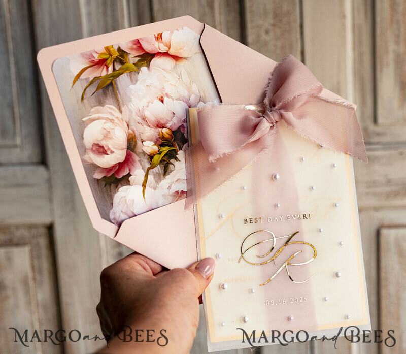 Blush Pink Chiffon bow beaded bespoke Elegant Peony Rose Gold Wedding Invitation Suite, White Perls Golden Wedding Cards-3