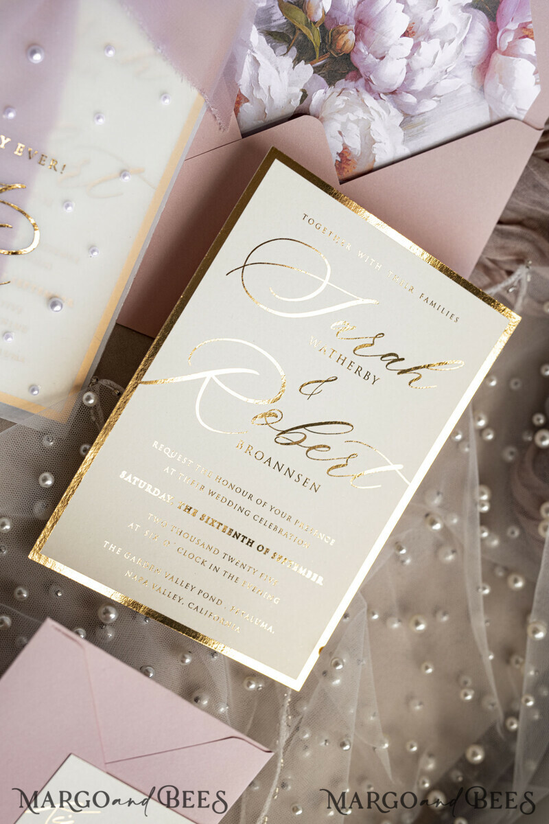 Blush Pink Chiffon bow beaded bespoke Elegant Peony Rose Gold Wedding Invitation Suite, White Perls Golden Wedding Cards-30