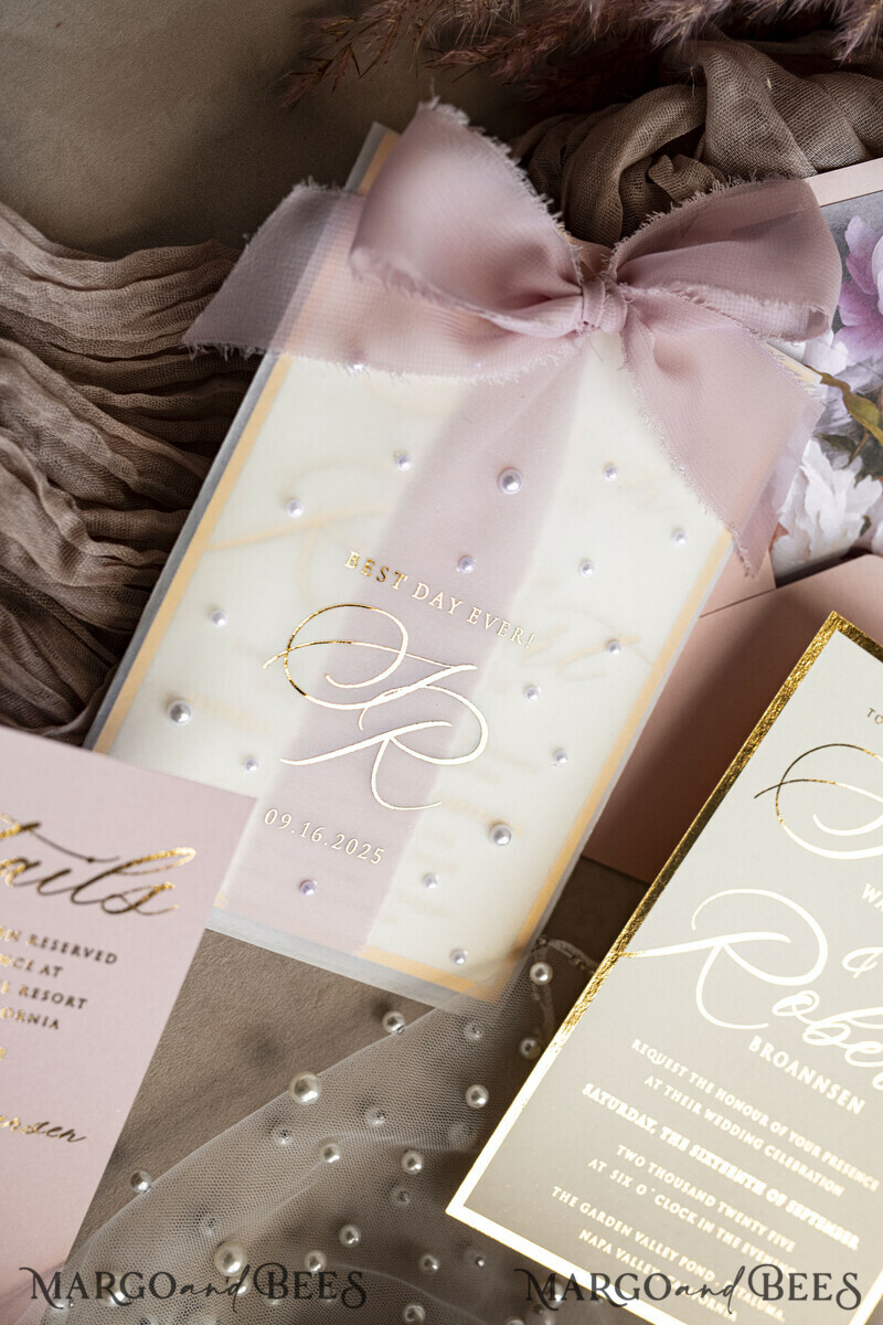 Blush Pink Chiffon bow beaded bespoke Elegant Peony Rose Gold Wedding Invitation Suite, White Perls Golden Wedding Cards-31