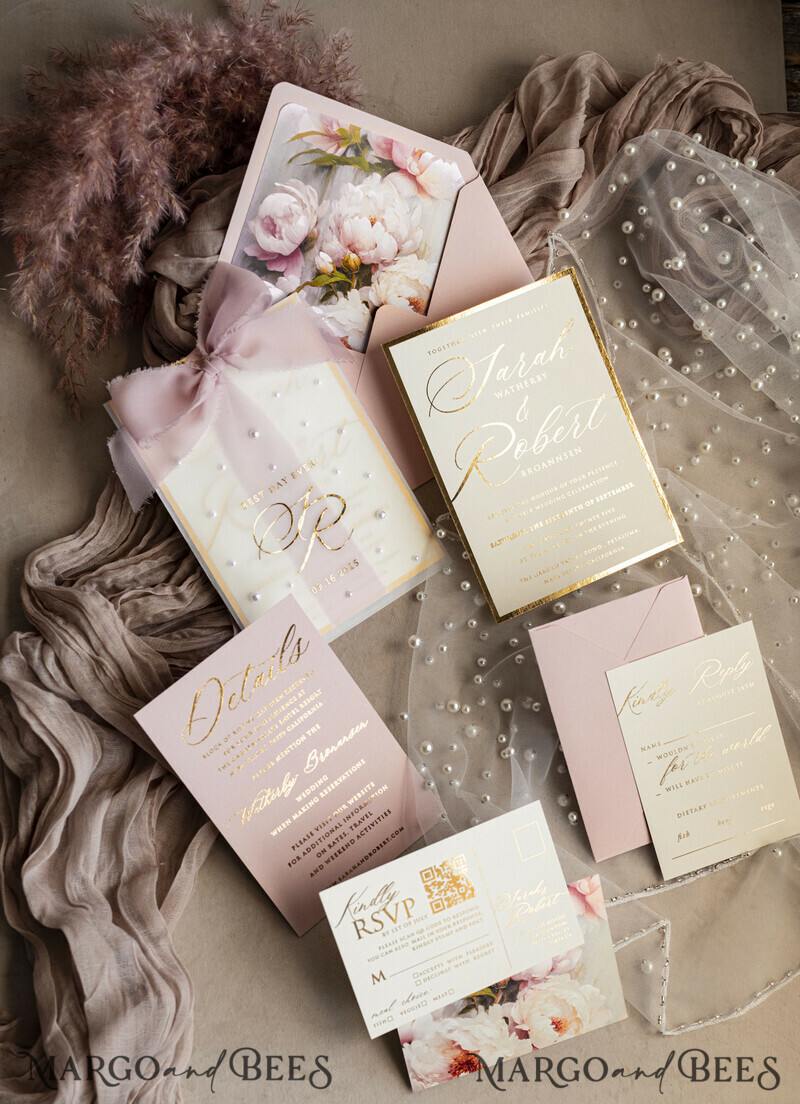 Blush Pink Chiffon bow beaded bespoke Elegant Peony Rose Gold Wedding Invitation Suite, White Perls Golden Wedding Cards-32