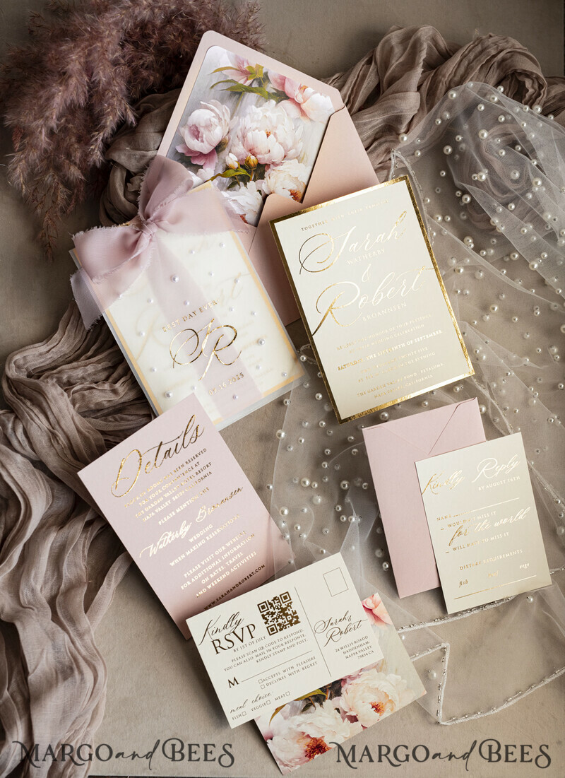 Blush Pink Chiffon bow beaded bespoke Elegant Peony Rose Gold Wedding Invitation Suite, White Perls Golden Wedding Cards-33