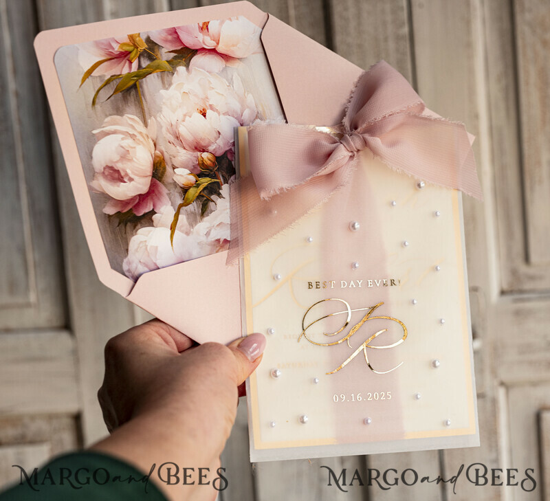 Blush Pink Chiffon bow beaded bespoke Elegant Peony Rose Gold Wedding Invitation Suite, White Perls Golden Wedding Cards-4