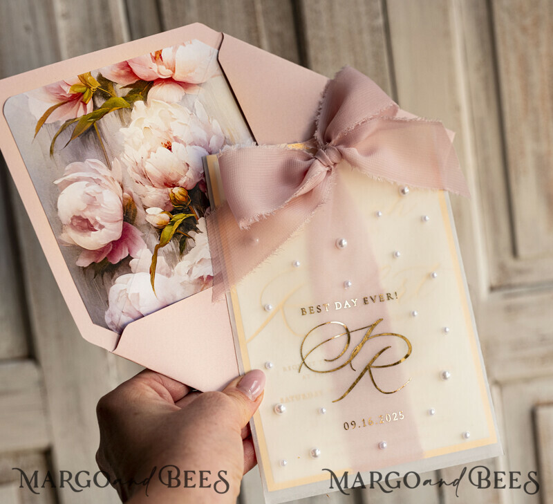 Blush Pink Chiffon bow beaded bespoke Elegant Peony Rose Gold Wedding Invitation Suite, White Perls Golden Wedding Cards-5