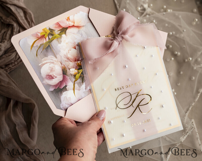 Blush Pink Chiffon bow beaded bespoke Elegant Peony Rose Gold Wedding Invitation Suite, White Perls Golden Wedding Cards-6
