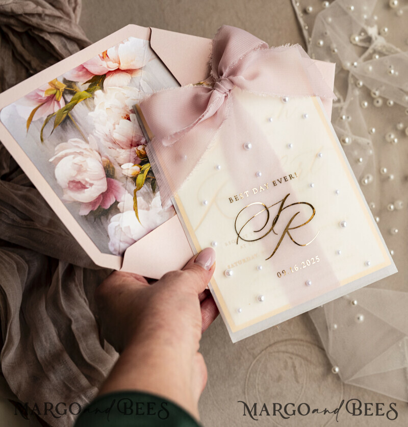 Blush Pink Chiffon bow beaded bespoke Elegant Peony Rose Gold Wedding Invitation Suite, White Perls Golden Wedding Cards-7