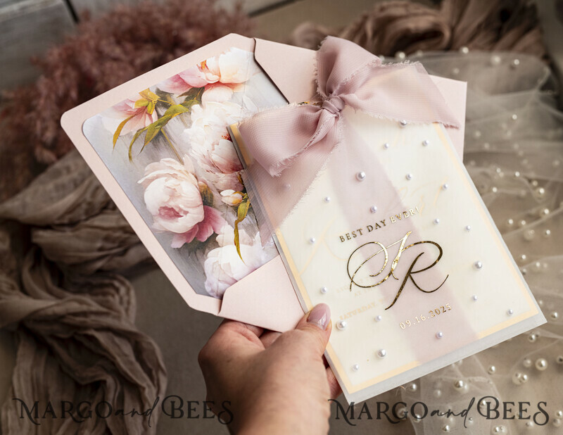 Blush Pink Chiffon bow beaded bespoke Elegant Peony Rose Gold Wedding Invitation Suite, White Perls Golden Wedding Cards-8