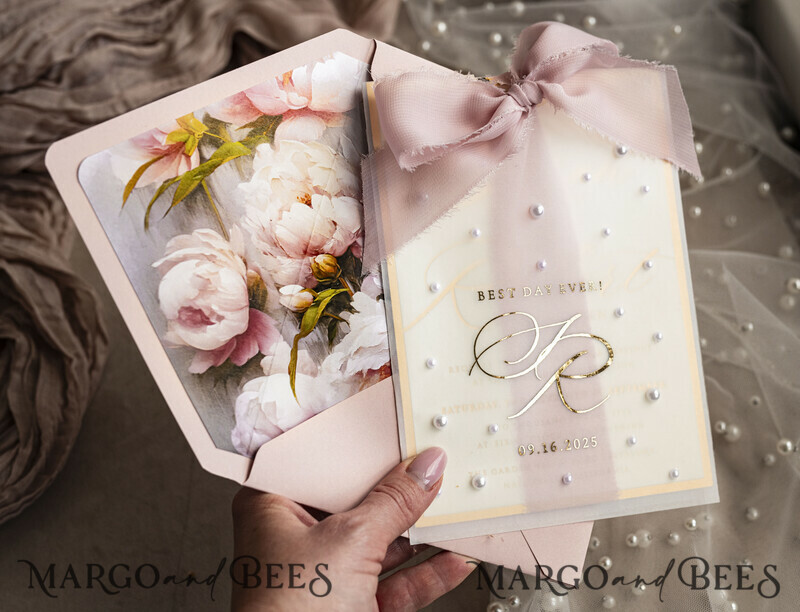 Blush Pink Chiffon bow beaded bespoke Elegant Peony Rose Gold Wedding Invitation Suite, White Perls Golden Wedding Cards-9
