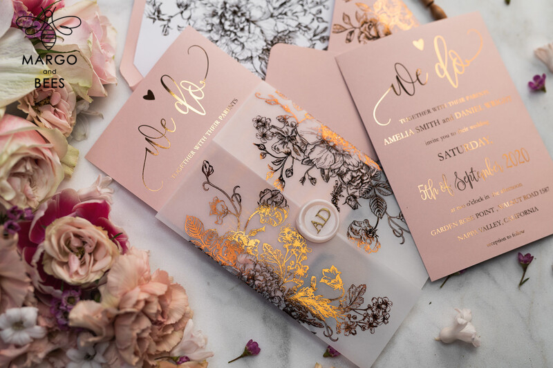 Luxury Vellum Gold Foil Wedding Invitations: Elegant Blush Pink Invitation Suite with Glamour Wedding Cards and Golden Shine-10