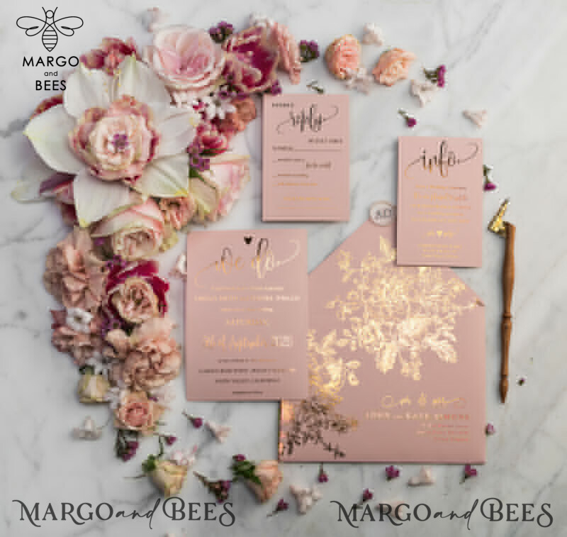 Blush Gold Wedding Invitations , Luxury Gold  Wedding Cards, Gold Vellum wrapping and wax seal Wedding stationery -11