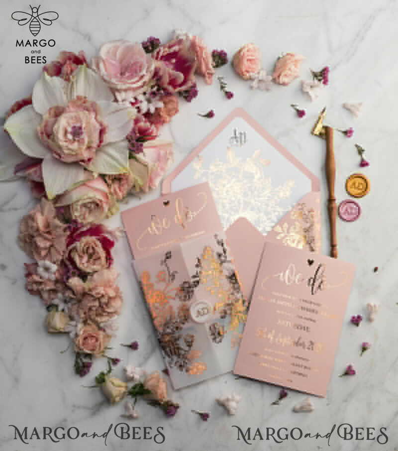 Luxury Vellum Gold Foil Wedding Invitations: Elegant Blush Pink & Golden Shine Wedding Invitation Suite-12