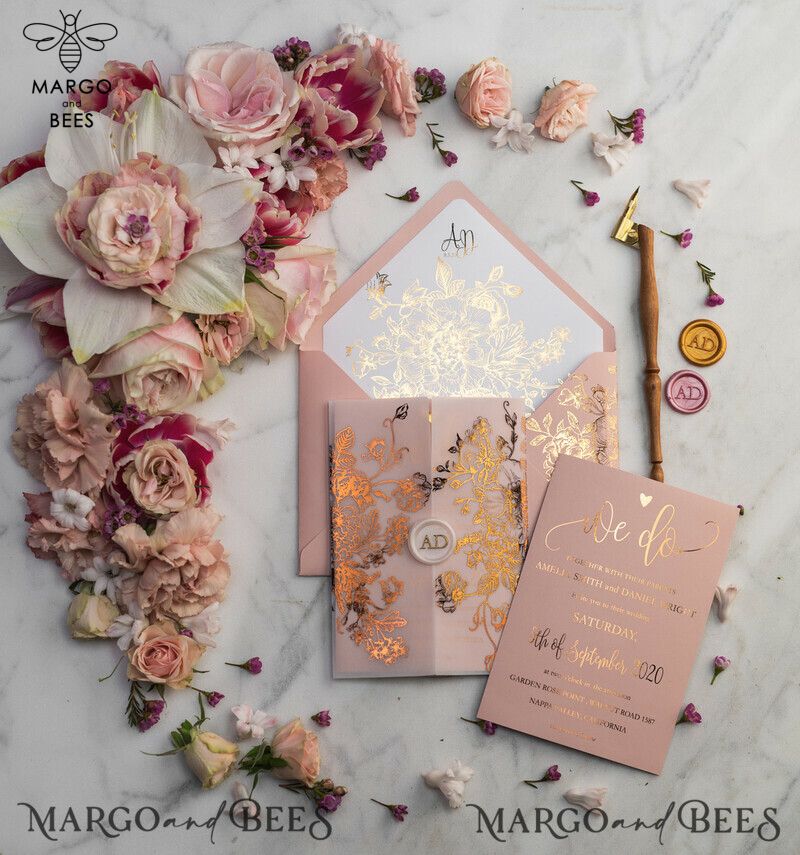 Blush Gold Wedding Invitations , Luxury Gold  Wedding Cards, Gold Vellum wrapping and wax seal Wedding stationery -13