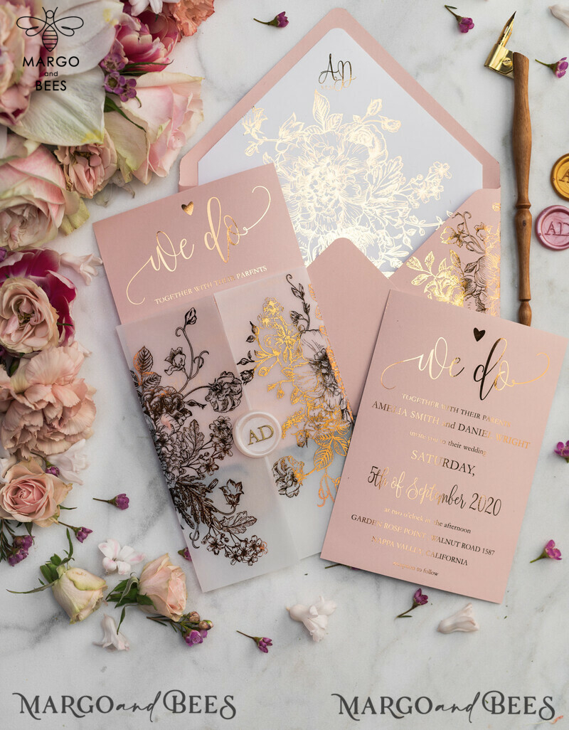 Luxury Vellum Gold Foil Wedding Invitations: Add Glamour to Your Elegant Blush Pink Wedding Invitation Suite with Golden Shine Wedding Cards-14