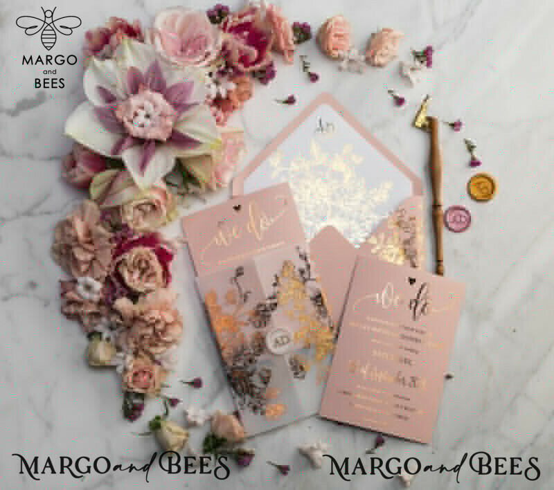 Blush Gold Wedding Invitations , Luxury Gold  Wedding Cards, Gold Vellum wrapping and wax seal Wedding stationery -15