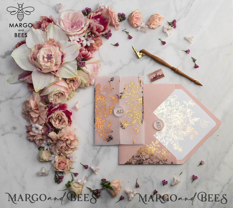Luxury Vellum Gold Foil Wedding Invitations: Add Glamour to Your Elegant Blush Pink Wedding Invitation Suite with Golden Shine Wedding Cards-16