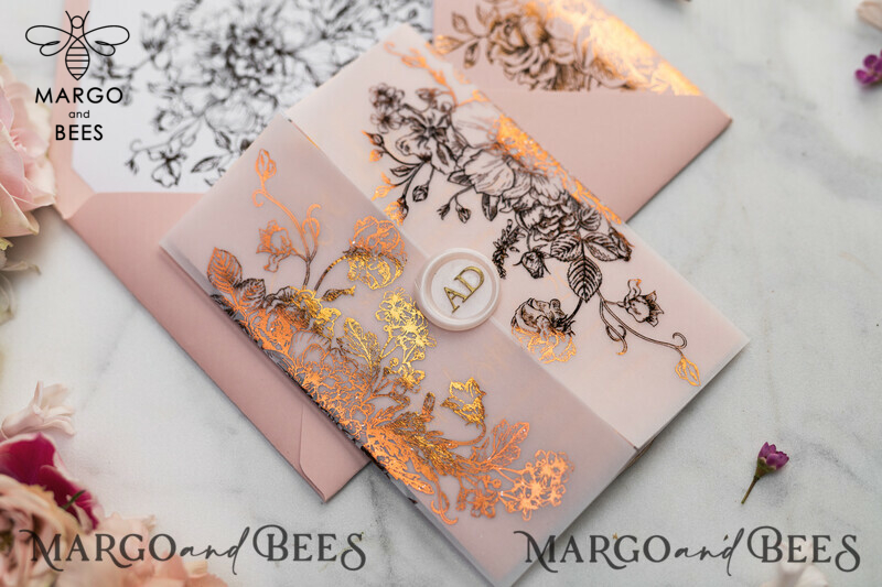 Blush Gold Wedding Invitations , Luxury Gold  Wedding Cards, Gold Vellum wrapping and wax seal Wedding stationery -18
