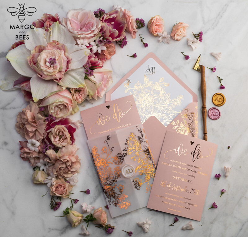 Blush Gold Wedding Invitations , Luxury Gold  Wedding Cards, Gold Vellum wrapping and wax seal Wedding stationery -2