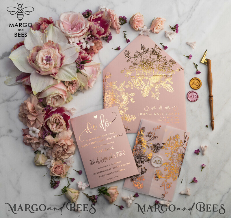 Blush Gold Wedding Invitations , Luxury Gold  Wedding Cards, Gold Vellum wrapping and wax seal Wedding stationery -20