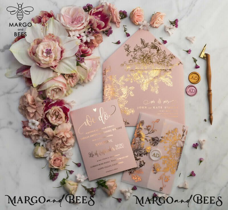 Blush Gold Wedding Invitations , Luxury Gold  Wedding Cards, Gold Vellum wrapping and wax seal Wedding stationery -21