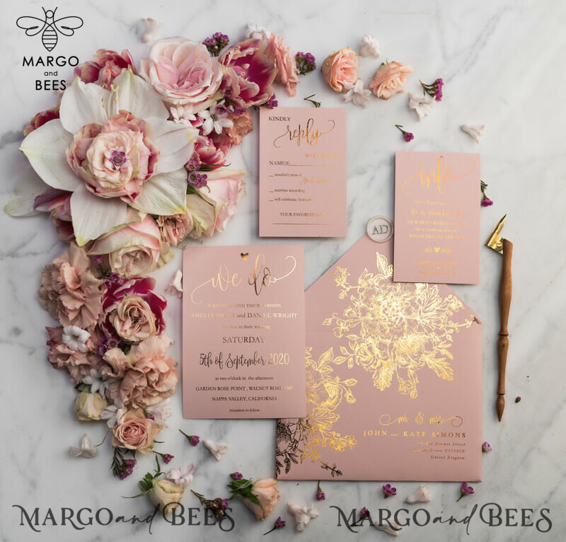 Blush Gold Wedding Invitations , Luxury Gold  Wedding Cards, Gold Vellum wrapping and wax seal Wedding stationery -23