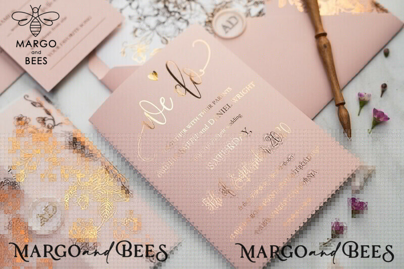 Blush Gold Wedding Invitations , Luxury Gold  Wedding Cards, Gold Vellum wrapping and wax seal Wedding stationery -25