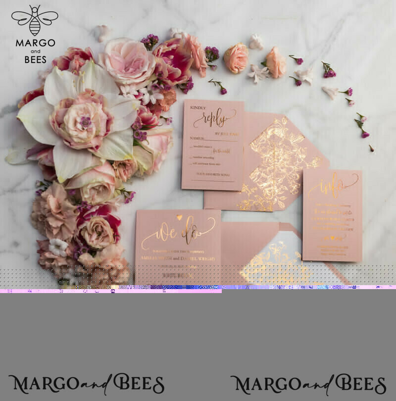 Blush Gold Wedding Invitations , Luxury Gold  Wedding Cards, Gold Vellum wrapping and wax seal Wedding stationery -26